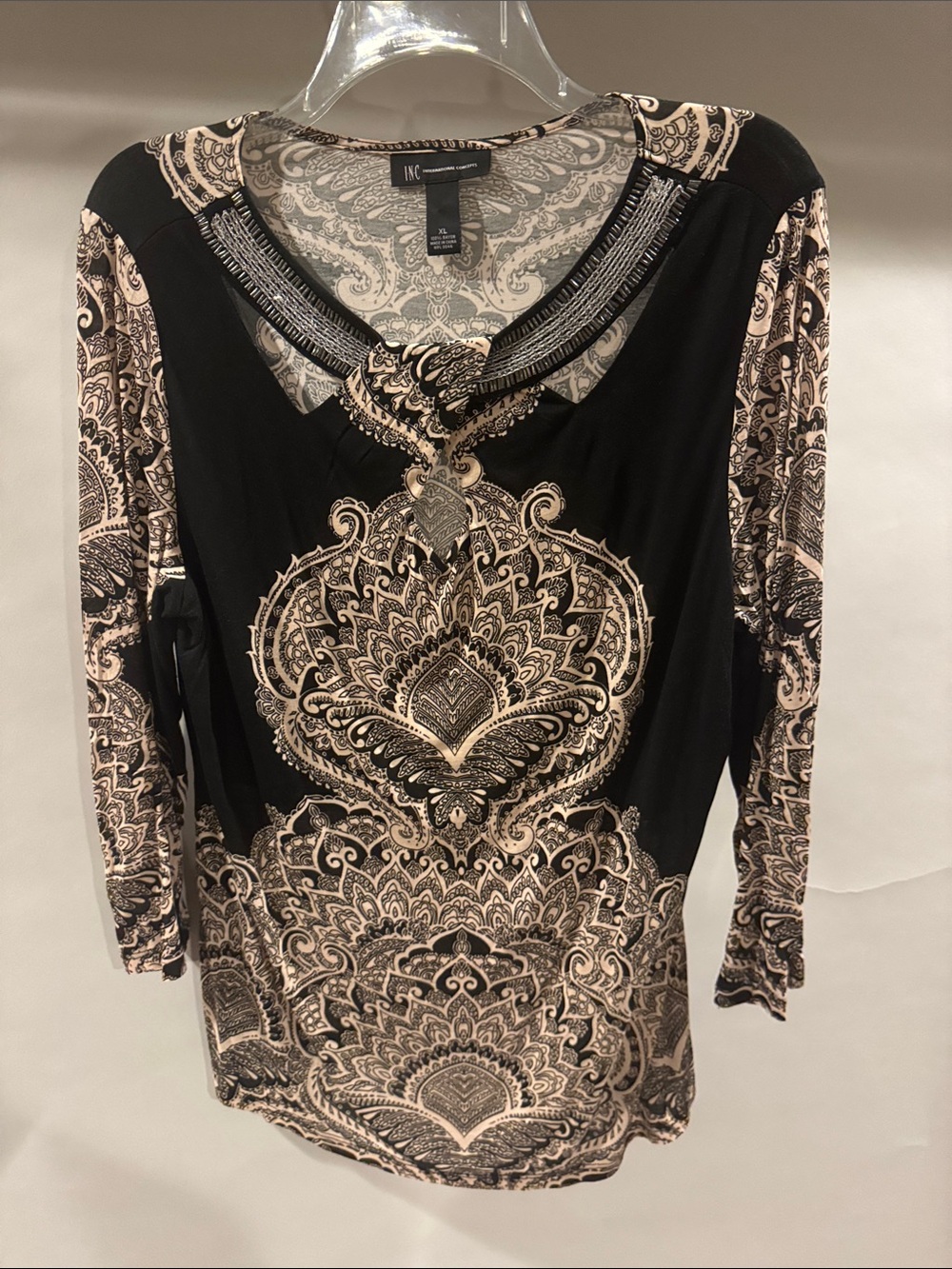 INC International Concepts Black and Beige Paisley-Print Knit Top